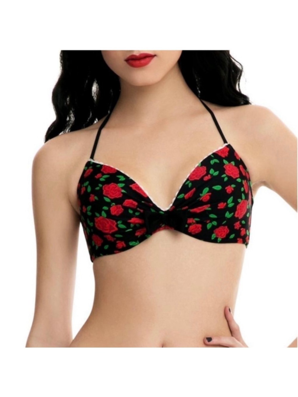Hot Topic Red Rose Floral Halter Bikini Top 2X Black Tie Swimwear